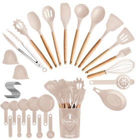 4 Colors Options -- Set Of 35Pcs Kitchen Cooking Utensils Set Spatula Set Baking Utensil Set Kitchen Accessories Necessities With Holder Egg Whisk Sep (Color: Khaki)